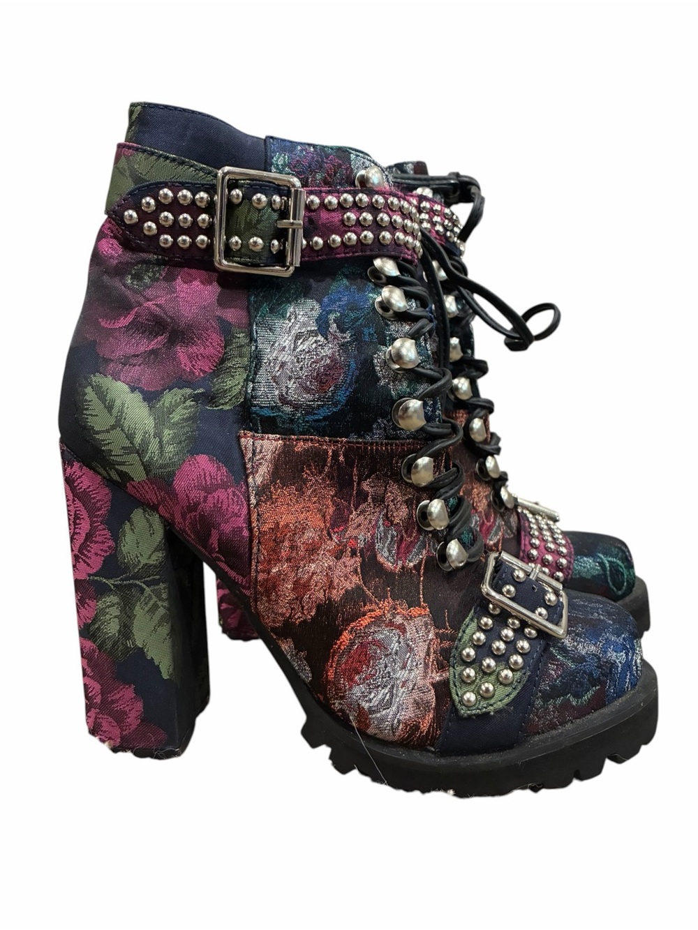 Jeffrey Campbell Lilith Block Heel Booties 6M Patchwork Velvet Satin Buckle